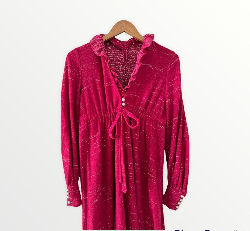 Vintage 60s High neck wool maxi dress Raspberry metallic thread Detail
